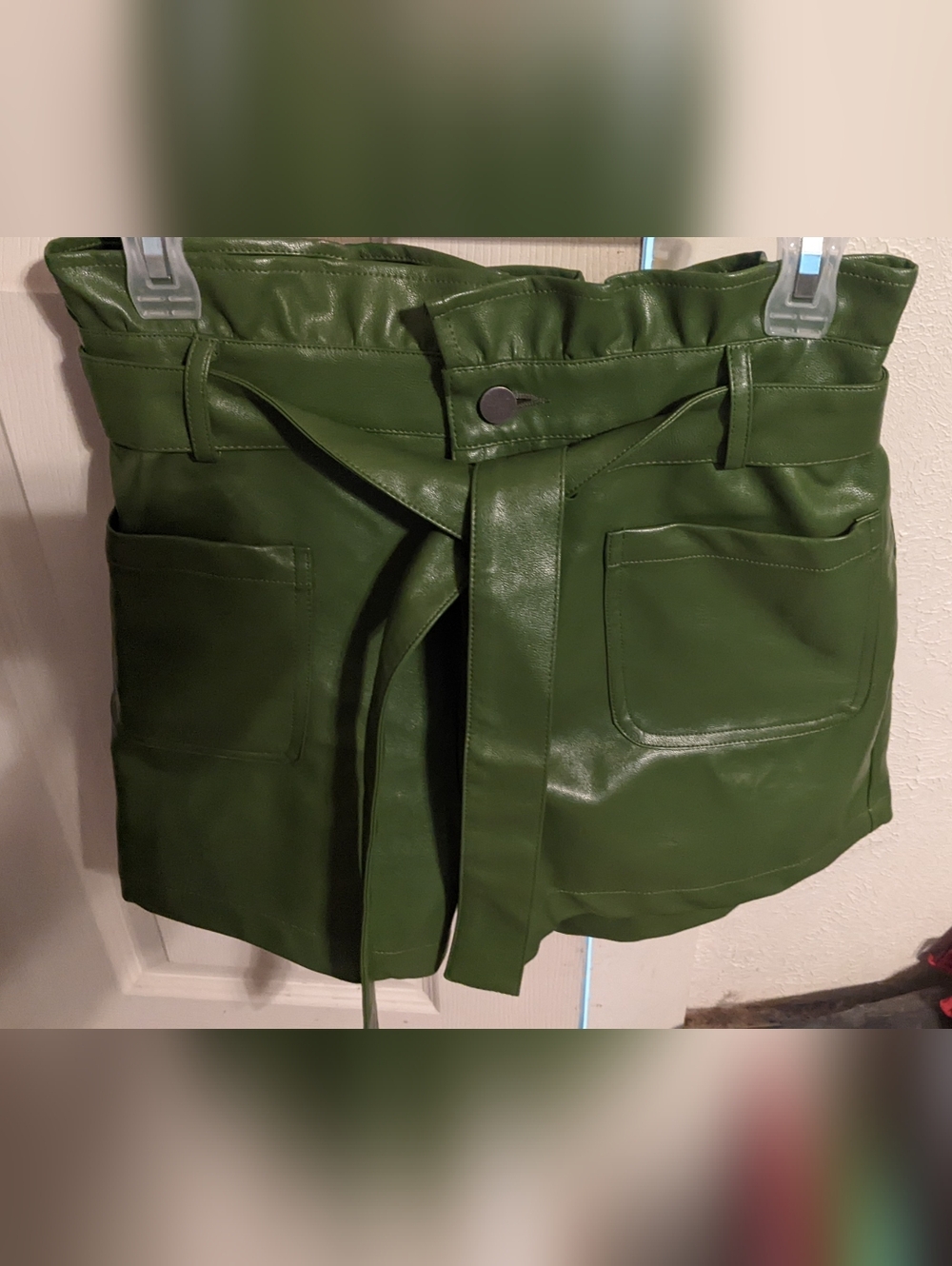 Olive Green Faux Leather Paperbag Waist Shorts